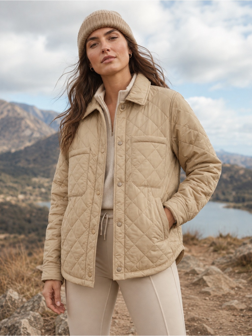 Dynamite Beige Quilted Shirt Jacket Shacket |Size S | Gorpcore Quiet Luxury Fall